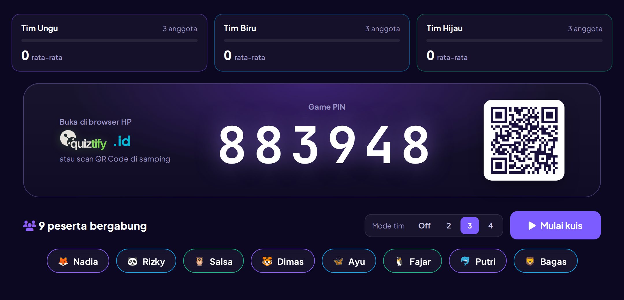 Lobby host dengan PIN, QR Code, dan peserta yang terbagi ke tiga tim